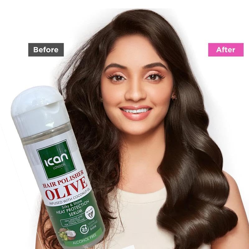 ican London Hair Polisher Olive Oil Infused With Coconut Oil Heat protection Serum Alcohol Free 207ml, 207 ml (Pack of 1) - Image 4