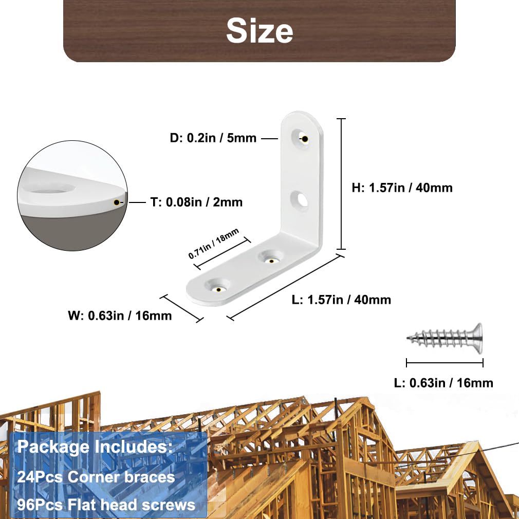 24Pcs White L Bracket 1.57 Inch Stainless Steel Corner Braces, 40x40mm 90 Degree Right Angle Joint Brackets for Wood Furniture DIY Frame, with Screws