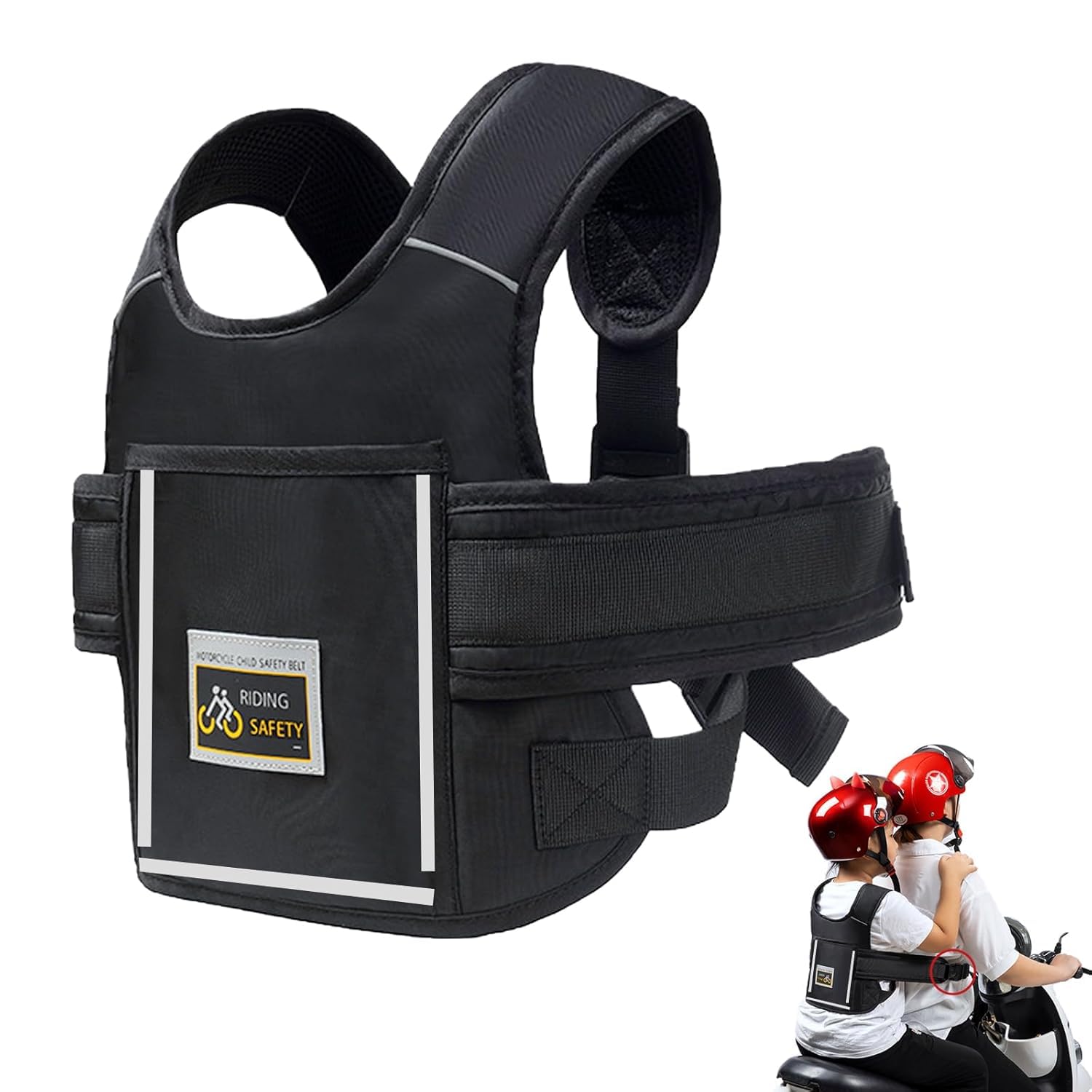 Ceinture de Sécurité Moto Enfant Réglable Harnais avec Bandes Réfléchissantes pour Voiture Électrique Bébé 2-12 Ans