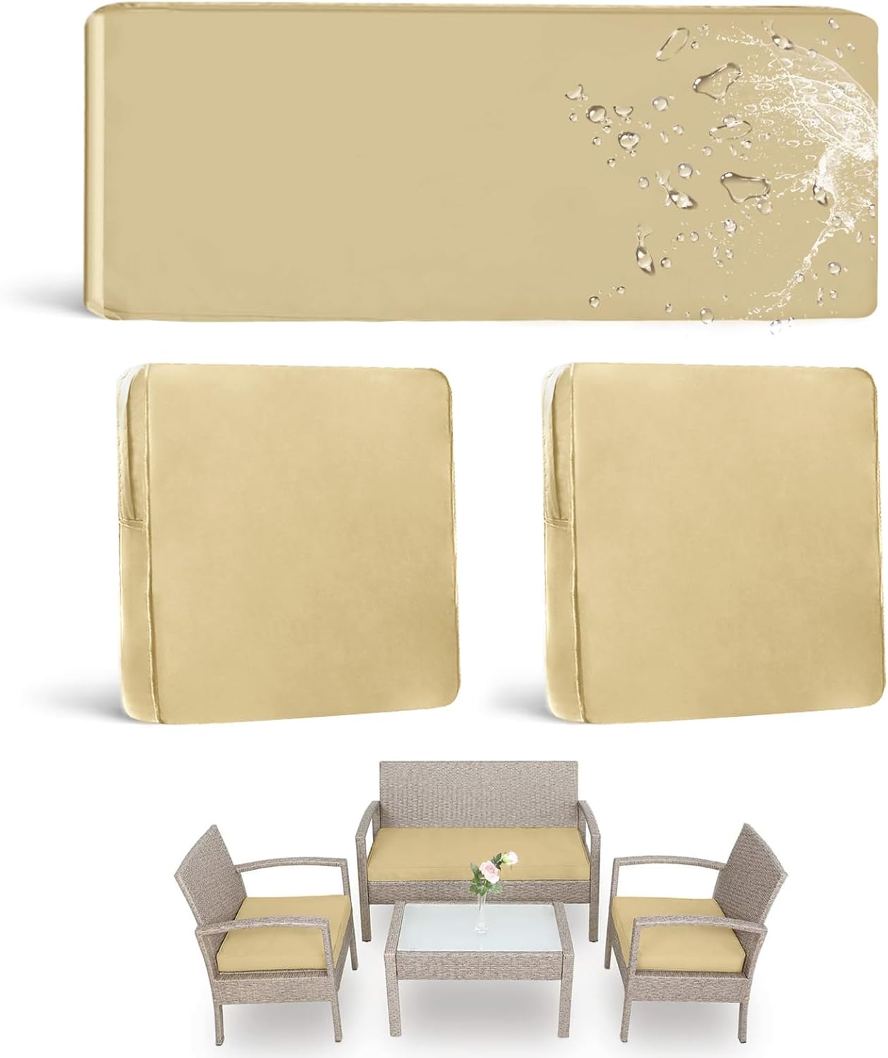 Outdoor Patio Furniture Cushion Covers, Waterproof Replacement Covers for 4-Piece Rattan Chair Wicker Furniture Set 3Pack Beige 36x18 and 18x18 inches Cover Only Light Khaki 18x18x2,36x18x2