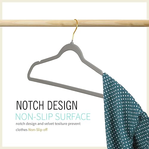 Miniatura 4 de ManGotree Perchas de terciopelo con gancho dorado giratorio de 360 grados, perchas antideslizantes, perchas ultrafinas que ahorran espacio, perchas