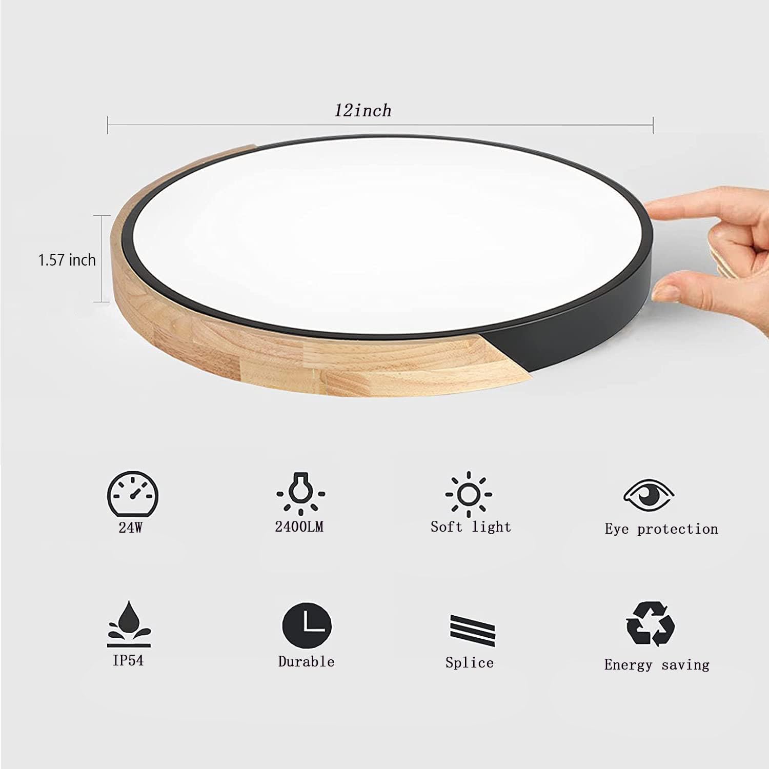 Wood LED Flush Mount Ceiling Light, 3CCT 3000K-6500K Modern Black Close to Ceiling Lighting Fixtures, Minimalist Round Ceiling Light for Bedroom, Kitchen, Hallway, Laundry Room, Not Dimmable