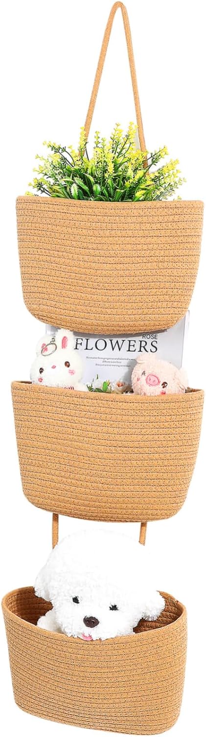 Woven Hanging Basket for Storage Wall Mounted Organizer for Kitchen Nursery Bathroom Rope Design for Home Organizing