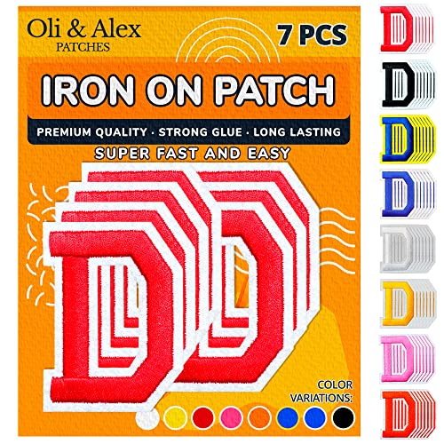Oli and Alex Iron On Letters 2.4 inch - 7 pcs of D Red Patches Letters for Clothing - Super Glue - No sew Needed - Embroidery Alphabet Football Team School University - Red, D