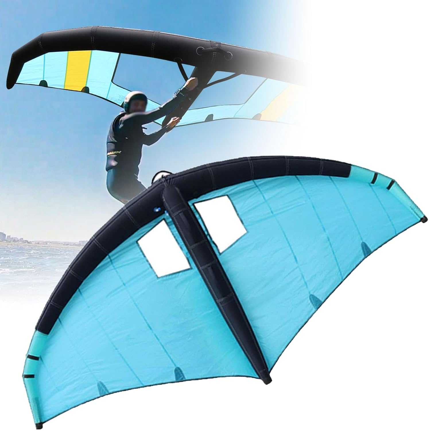 Handheld Foil Wing Kite Wing,5㎡ nflatable Hydrofoil with Window Design,Portable Inflatable Surfboarding Wingsurfer Kite,Surfing Racing,for Wind Foiling(BlackBlueYellow)