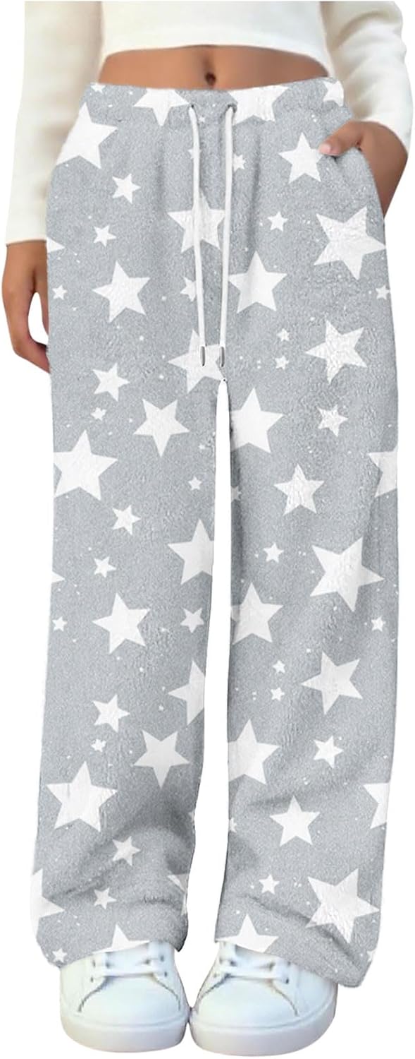 Flannel Pajama Pants Women Petite Elastic Waist Printed Fuzzy Pajama Pants Casual Plush Fleece Sleepwear Pj Bottom