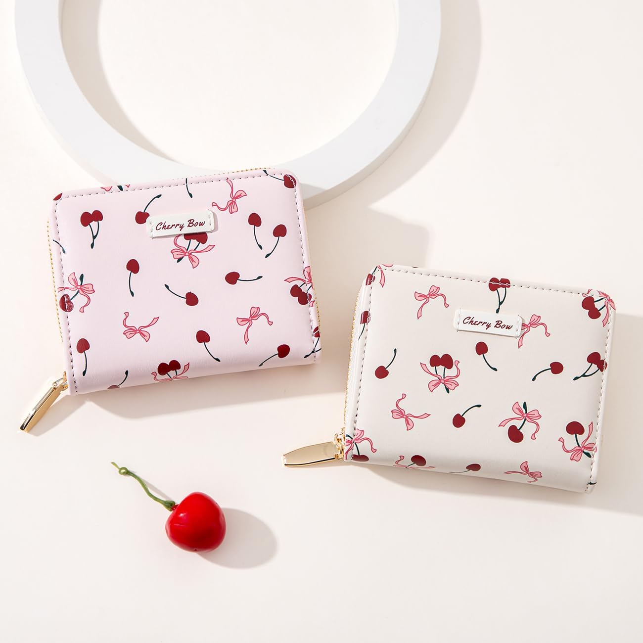 Sunwel Fashion Women Cute Print Wallets with Credit Card Slots ID Window & Zipper Coin Pouch (CHERRY BOW CREAM) - Image 5