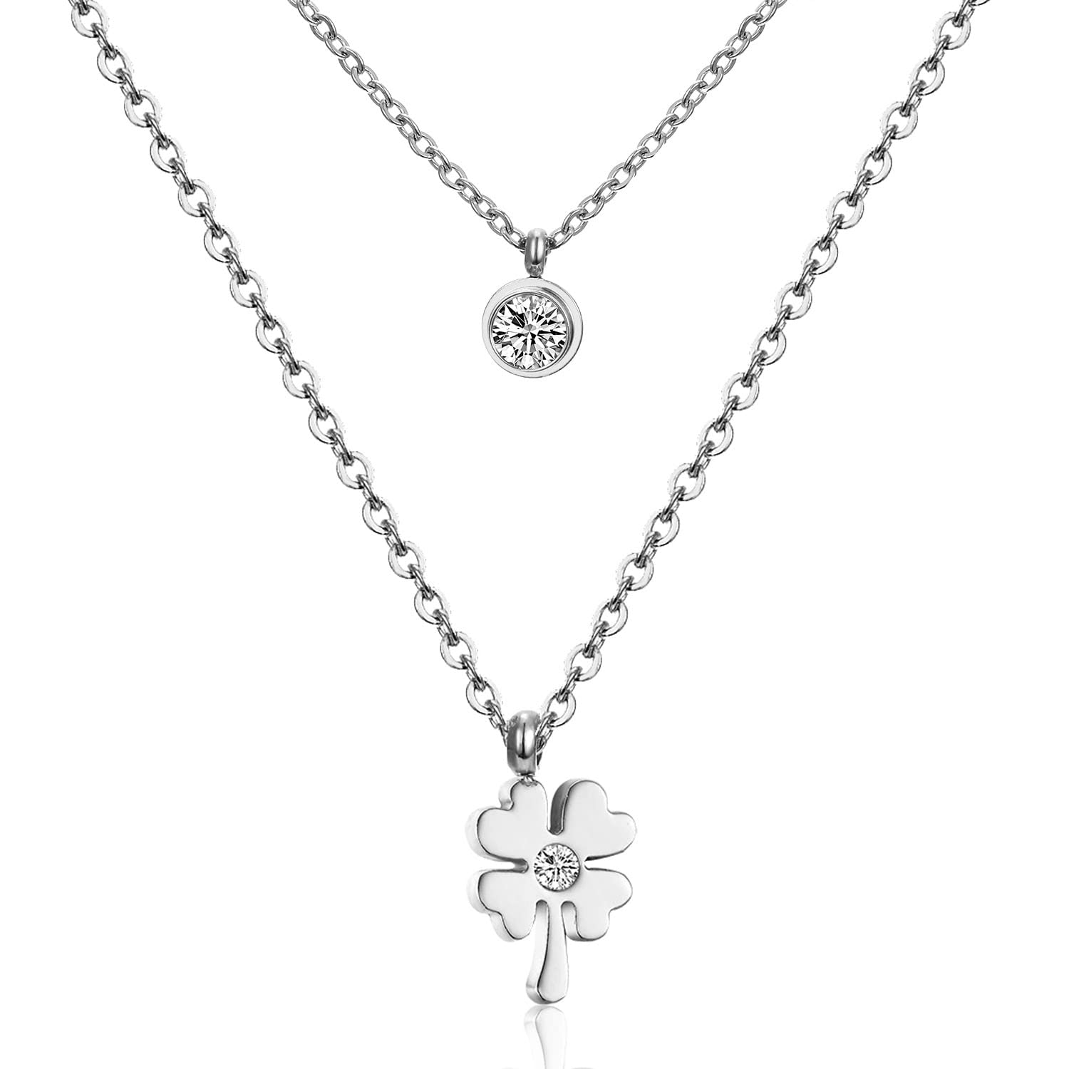 GenericCollar y gargantilla refinada en niveles en forma de Y, hecho a mano, doble dije de Zircón y Trebol, tono plateada, Stainless Steel, Zircon