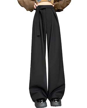 Betusline Womens Thickened High Waist Straight Wide Leg Office Belted Pants