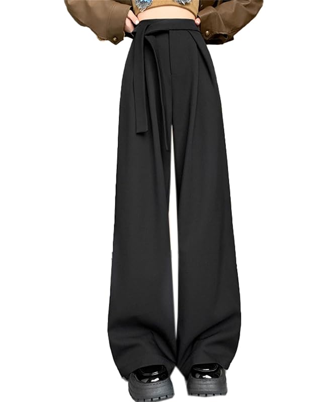 Betusline Womens Thickened High Waist Straight Wide Leg Office Belted Pants