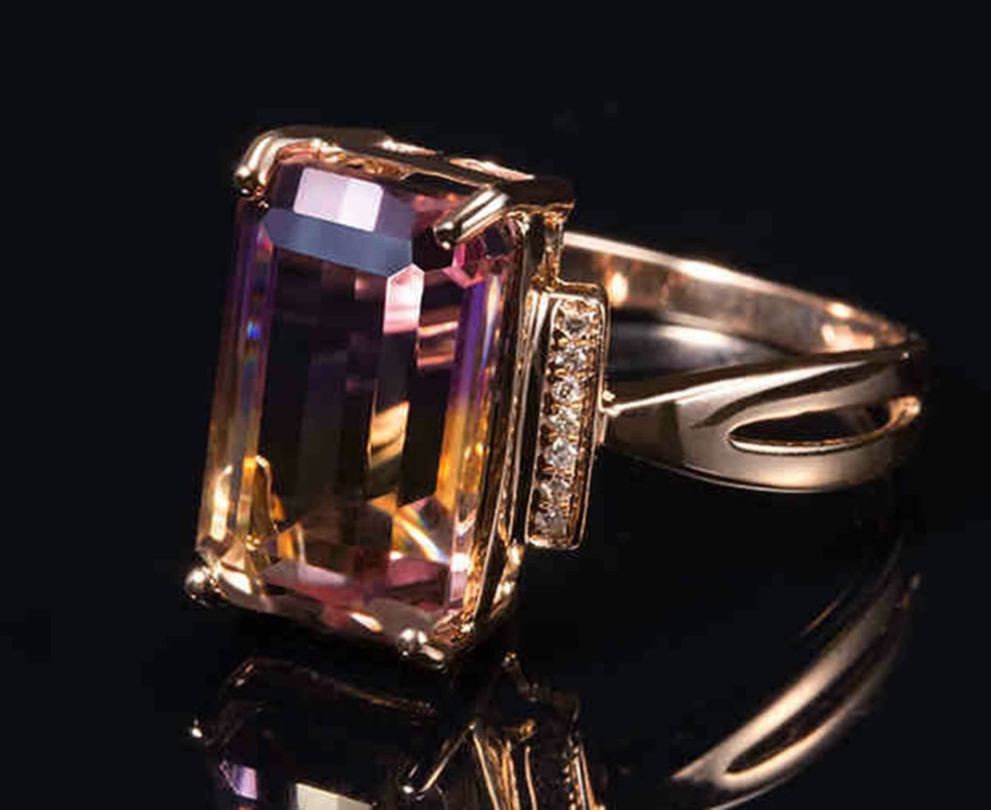 Sortijas de Oro Mujer 18K, Anillos de Mujer de Compromiso Ametrino Rectángulo Oro Rosa 18 Kilates con Certificado