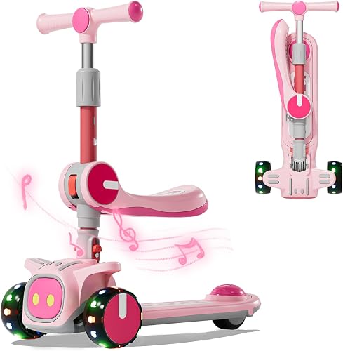 3 Wheel Scooter for Kids - Foldable & Unbreakable, 2-in-1 Kick Scooter with Music and Lights, Adjustable Height, Wide Deck, Flashing Wheel Lights, Easy for beginner toddlers aged 3-12