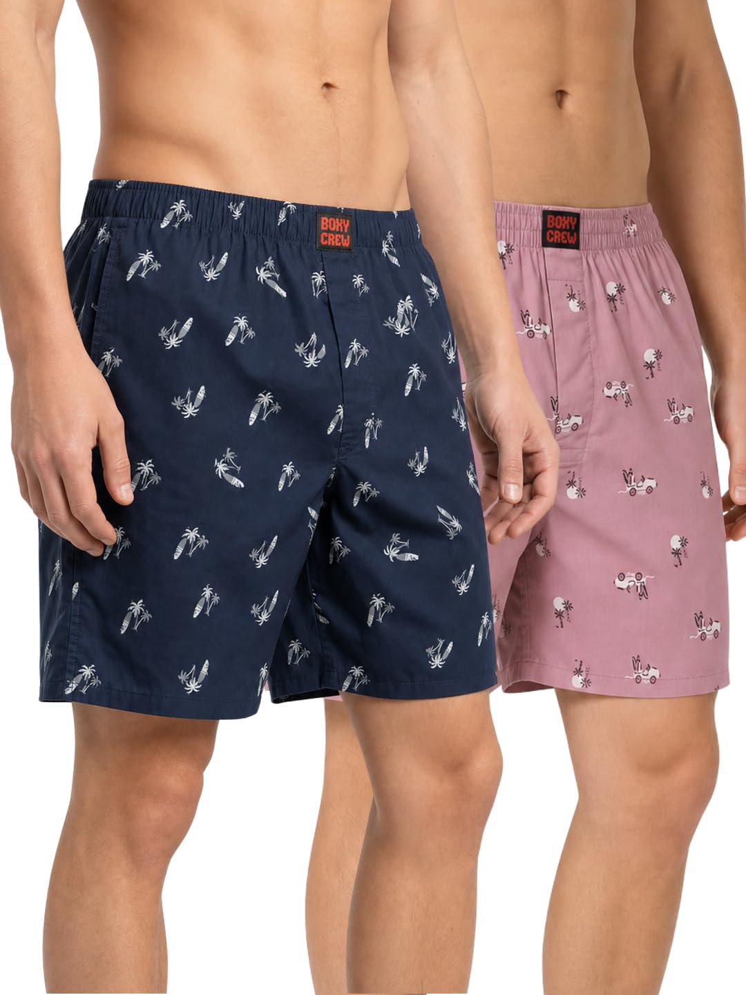 Men's 100% Cotton Printed Boxer Shorts Pack of 2 with Dual Side Pockets and Fabric-Covered Waistband - Navy Blue/Pink, Styles MBX025, MBX028-picture-25