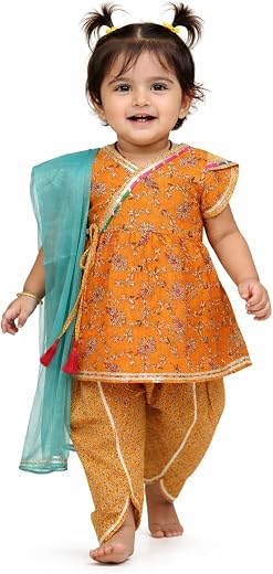 Bravea Girls Cotton Angrakha Kurti with Tulip Pant and Shimmer Dupatta, Gota-Patti Lace, Festive Ethnic Wear, Girls Salwar...