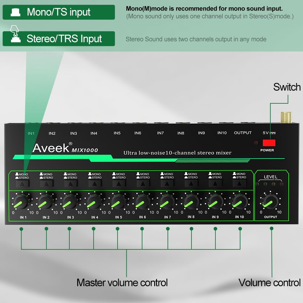 Aveek Mini liniowy mikser audio – 10-kanałowy mały mikser dźwięku z przełączaniem stereo/mono i cichą pracą dla precyzyjnego sub-miksowania, wejście/wyjście TRS 1/10.2 cm, idealny do mikrofonów,