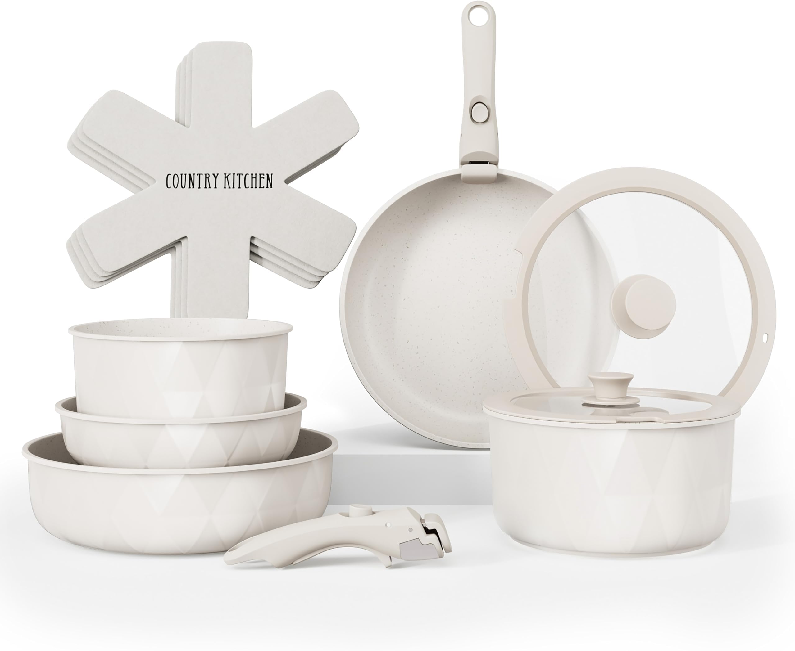 Country Kitchen 13 Piece Pots and Pans Set - Safe Nonstick Kitchen Cookware with Removable Handle, RV Cookware Set, Oven Safe (Diamond, Cream)