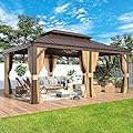 MELLCOM 12'x18' Hardtop Gazebo,Galvanized Steel Metal Double Roof Gazebos with Curtain and Netting, Brown Permanent Pavilion Canopy with Aluminum Frame for Patios,Gardens,Lawns