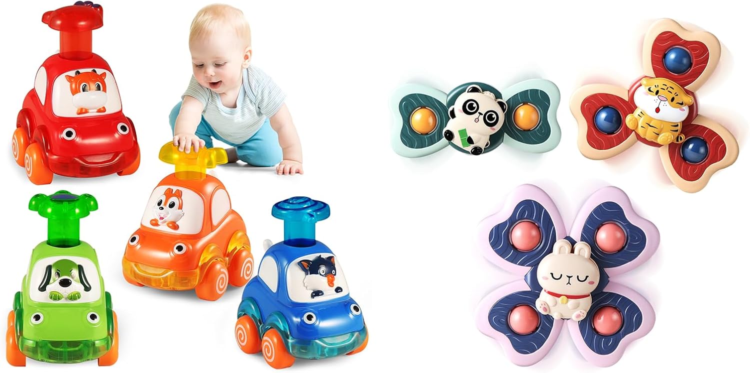 ALASOU 4 PCS Animal Car Toys and 3 PCS Suction Cup Rotating Toys for Infant and Toddlers