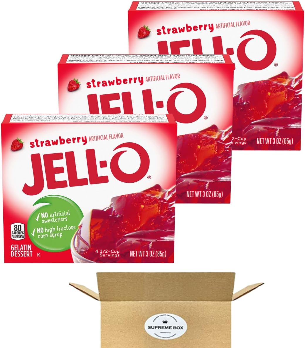SUPREME BOX Jell-O Strawberry Gelatin Mix, Easy to prepare, Fruit salads, layered desserts, molds, topping for cakes and pies 3 oz Boxes - Pack of 3 (9 oz in total)