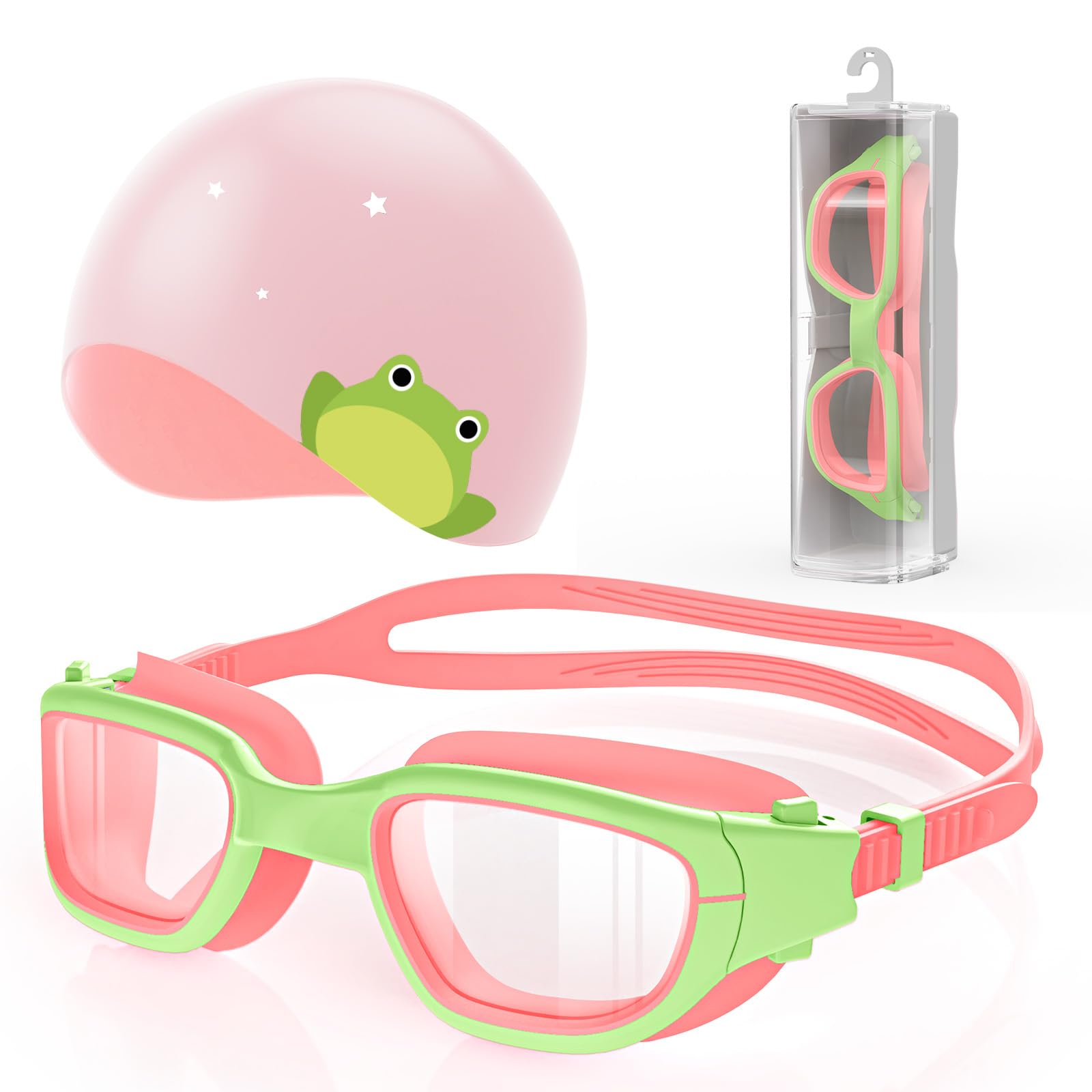 Zeligerstar Kids Swim Goggles with Free Silicone Swim Cap in Candy Dual-Tone: Leak-Proof, Anti-UV Lenses for Ages 6-14, Includes Hard Case & Bonus Swim Cap