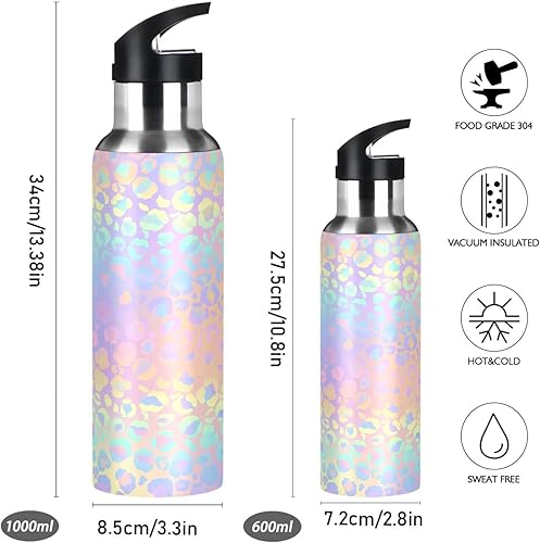 Miniatura 2 de ALAZA Botella de agua con estampado de leopardo y arco iris con tapa de pajilla, aislamiento al vacío, botella térmica de acero inoxidable de 20