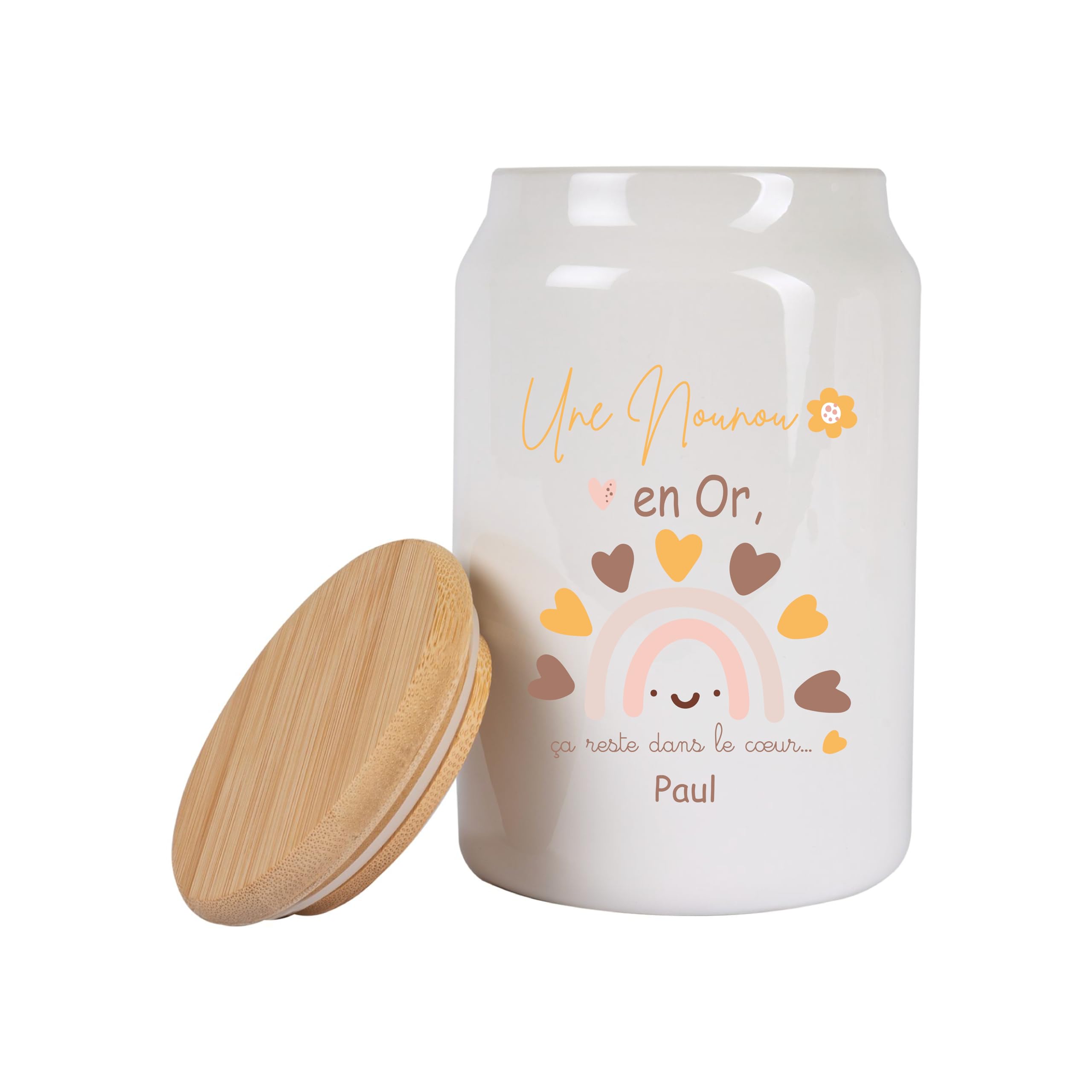 Générique Pot à cookies 500 ml “Une Nounou en Or” – Cadeau personnalisable fête des nounous ou Noël – Pot à biscuits arcenciel en céramique avec couvercle bambou –