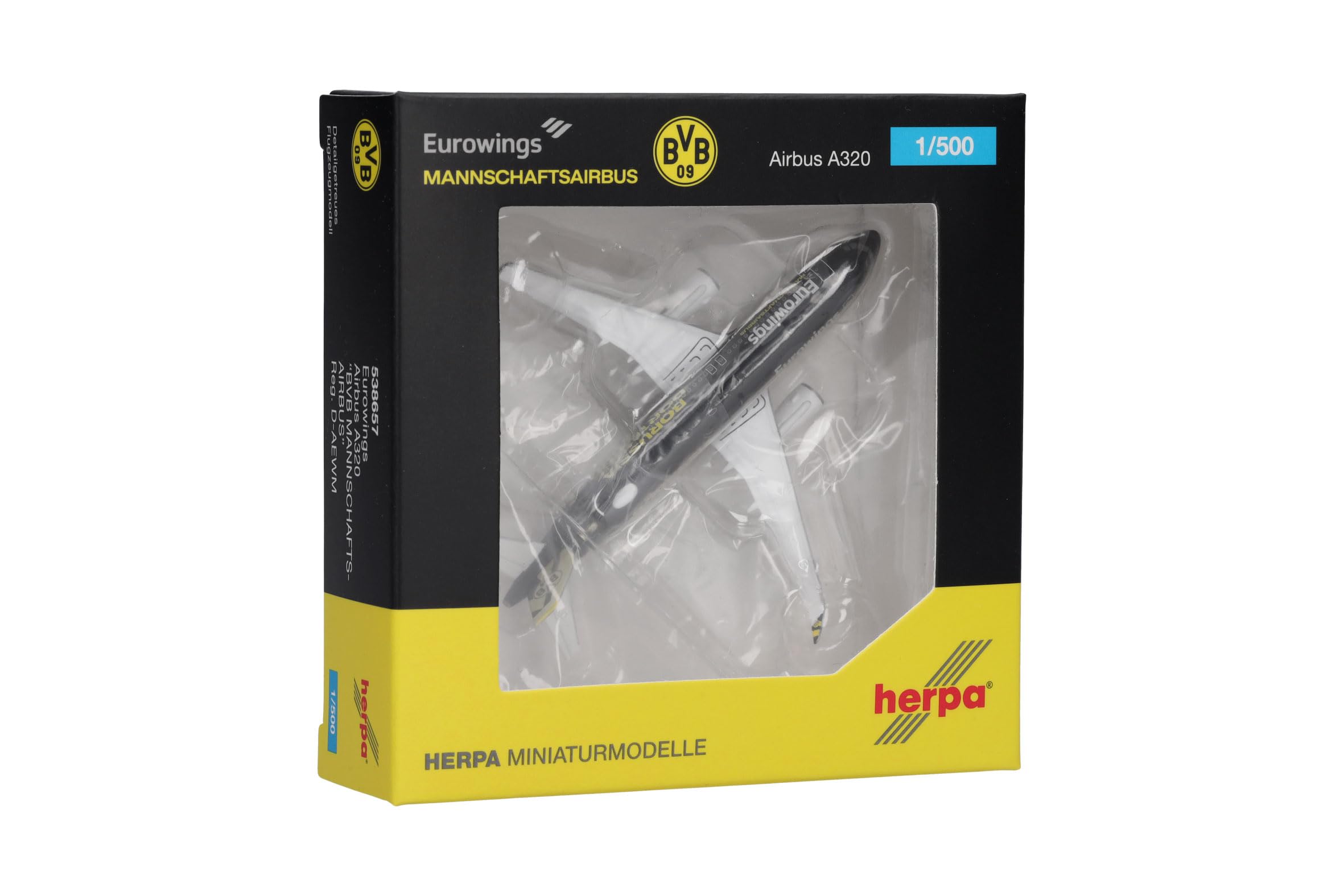 Herpa Modellino aereo Eurowings Airbus A320 "BVB Mannschaftsairbus" (2025), miniatura in scala 1:500, pezzo da collezione, modello di aereo senza base, metallo