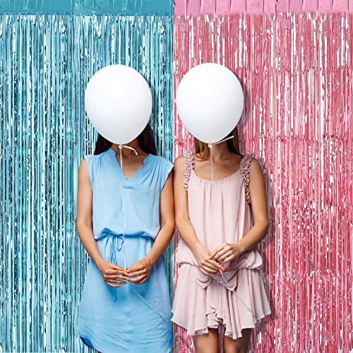 Image of 4 Pack 3.2Ft x 6.6Ft Pink Blue Fringe Curtain Backdrop, Metallic Tinsel Foil Fringe Streamers Curtains Background for Photo Booth Wedding Gender Reveal Backdrop Boy or Girl Birthday Party Decoration