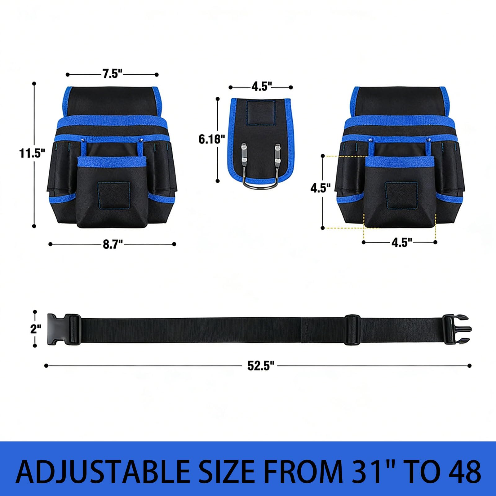 Ceinture à outils pour homme avec 26 poches, sac à outils magnétique amovible, ceinture réglable avec porte-marteau pour électriciens, menuisiers et ouvriers du bâtiment
