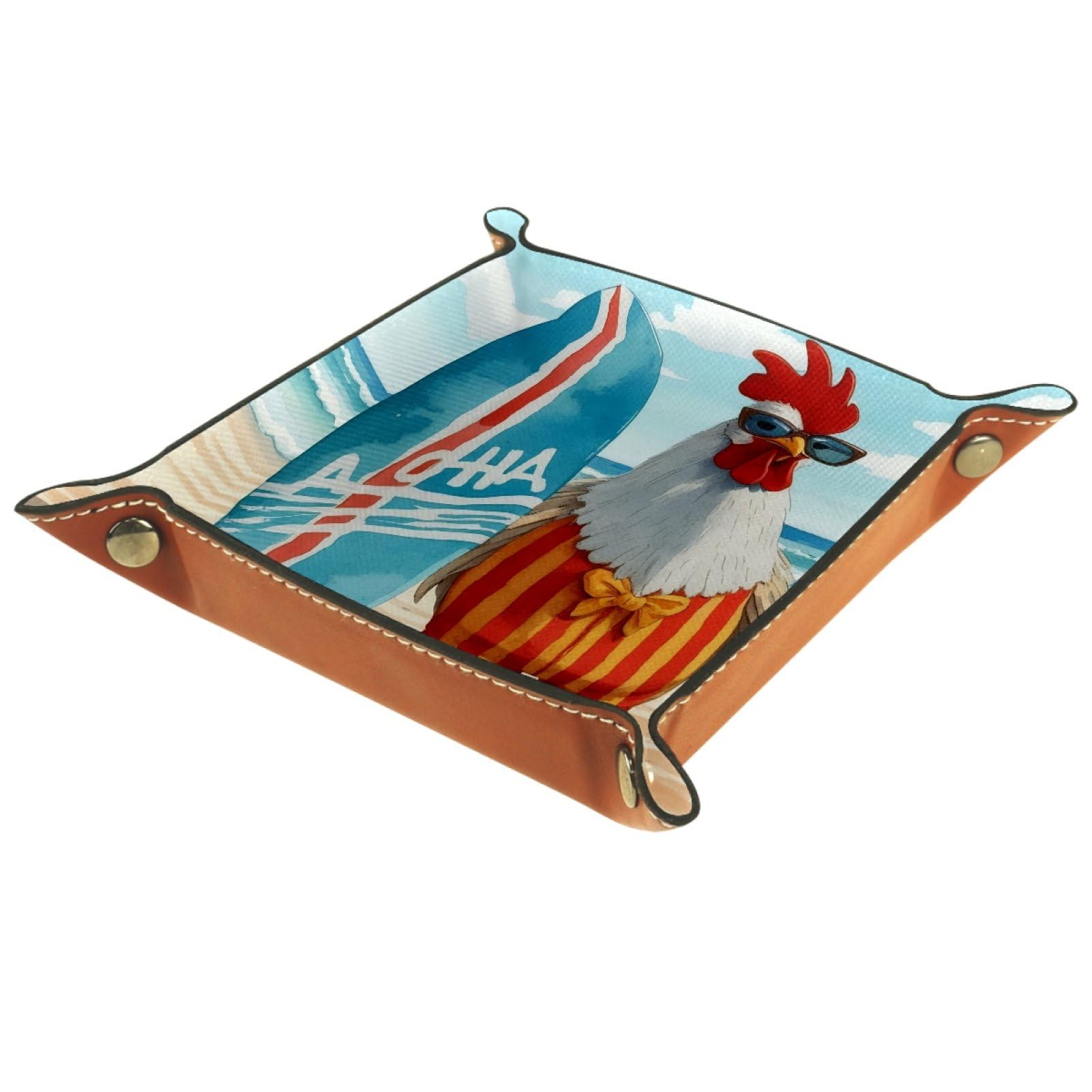 VAPOKF Surfboard Rooster Portable Dice Rolling Tray, Microfiber Leather Dice Holder Game Box for D&D, RPG, Table Games or Desktop Phone Key Storage, 20.5 × 20.5 cm