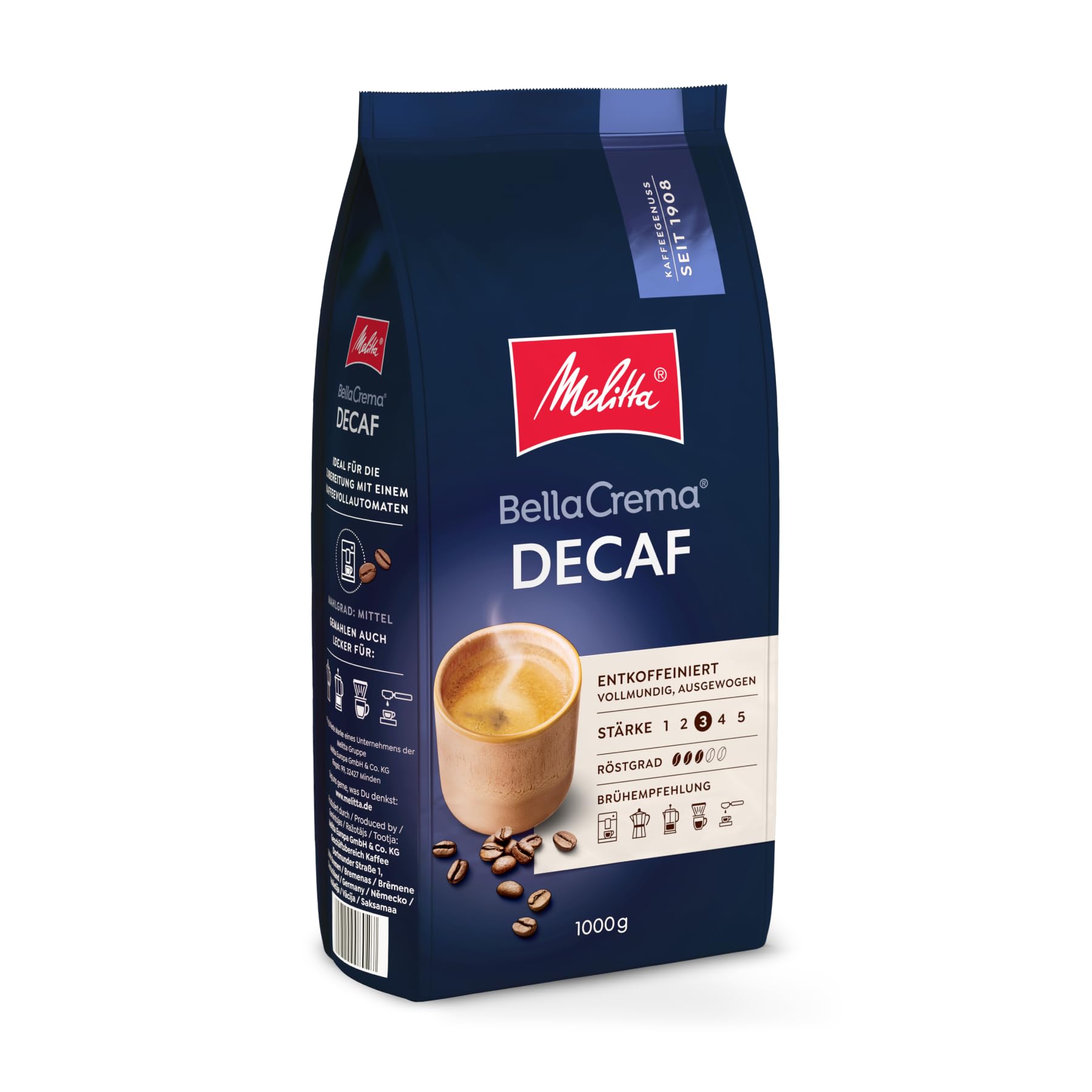 Melitta BellaCrema Decaf Ganze Kaffee-Bohnen entkoffeiniert 1kg, ungemahlen, Kaffeebohnen für Kaffee-Vollautomat, koffeinfrei, milde Röstung, geröstet in Deutschland, Stärke 3