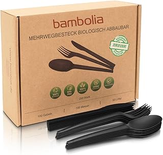 Mehrwegbesteck | PREMIUM Besteck Set | Robust Reisebesteck Campingbesteck | Partybesteck wiederverwendbar, geschmacksneutral, biologisch abbaubar | 250 Stück (Schwarz)