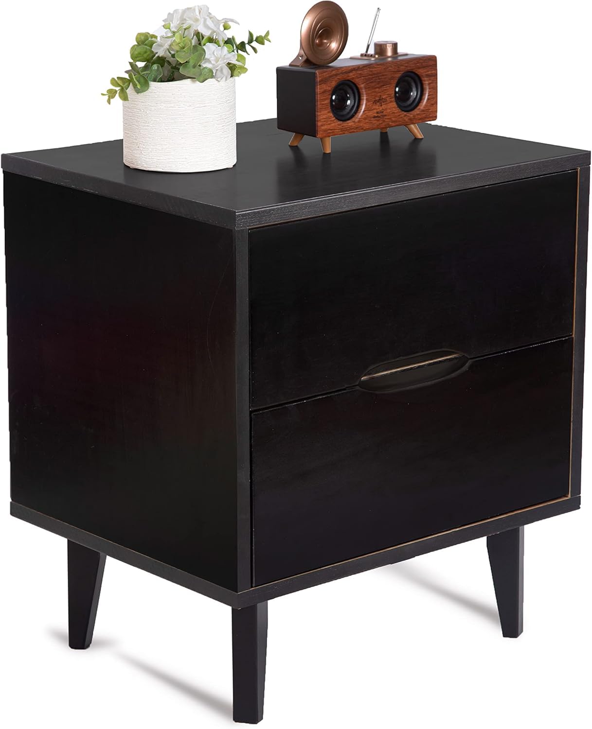 Antique Lott Mid Century Modern Grooved Handle Wood Nightstand Side Table Bedroom Storage Drawer and Shelf Bedside End Table, 2 Drawer (Black)-image-2