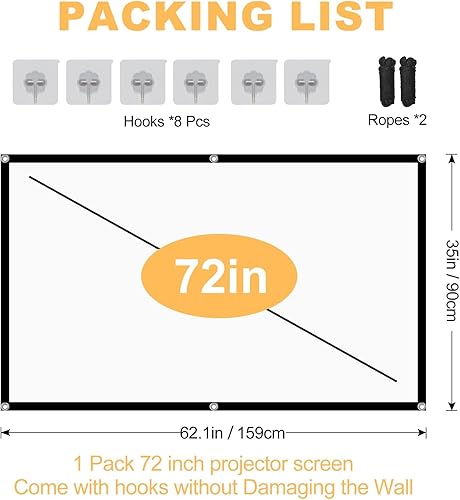 Miniatura 7 de Pantalla de proyector, pantalla de proyector para exteriores de 72 pulgadas, lavable y plegable, ideal para cine en casa en interiores y exteriores,
