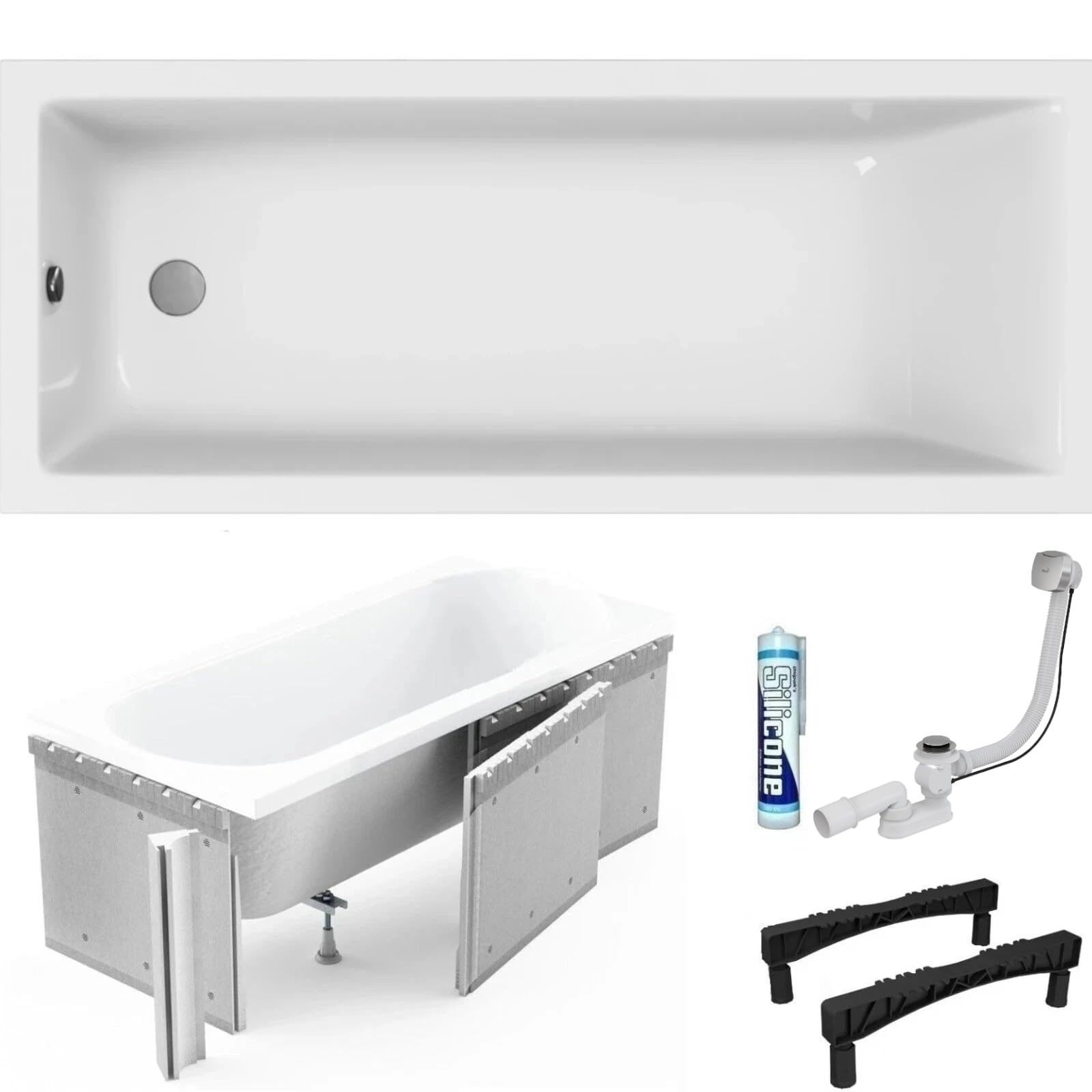 Wanna ECOLAM Marella 150x70 cm + wyściółka styropianowa pod płytki | Nowoczesna wanna prostokątna, najwyższej jakości wanna akrylowa | Kompletny zestaw z odpływem, nóżkami i silikonową obudową