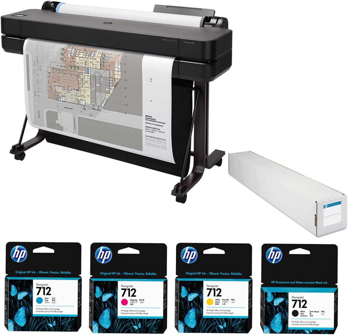 HP DesignJet T630 36" Wireless Large Format Color Thermal Inkjet Plotter Printer, 2025 Edition, Bundle with Color and 38ml Black Ink Pack, Matte Bond Inkjet Paper Roll