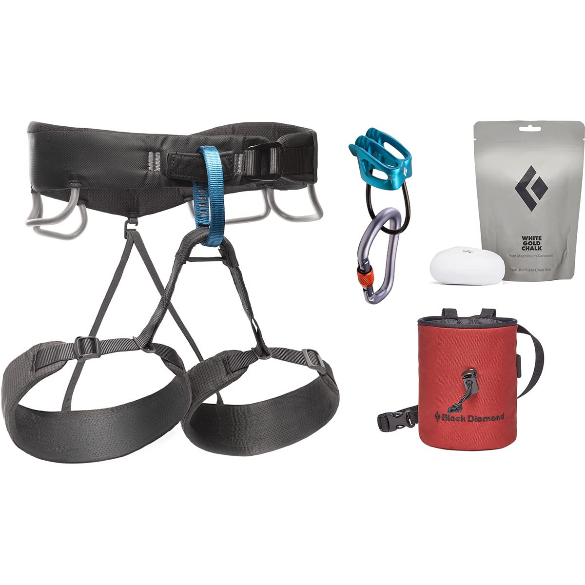 BLACK DIAMOND Men’s Momentum Climbing Harness Package includes Harness, Belay Device, Locking Carabiner, Chalk Bag & More