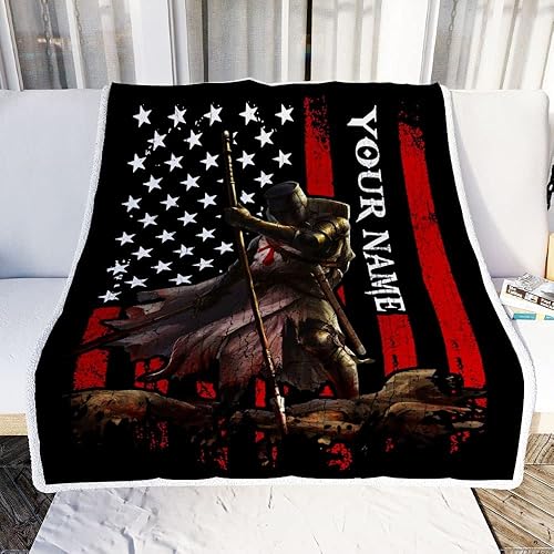 Miniatura 2 de 1022 - Manta personalizada de caballero templario con nombre personalizado de la bandera estadounidense del guerrero cruzado para hombres, esposo,