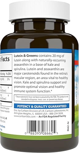 Miniatura 3 de Carlson - Luteína & Greens, 20 mg, Apoyo Visión y Función Ocular, Antioxidante, 180 Cápsulas Vegetarianas