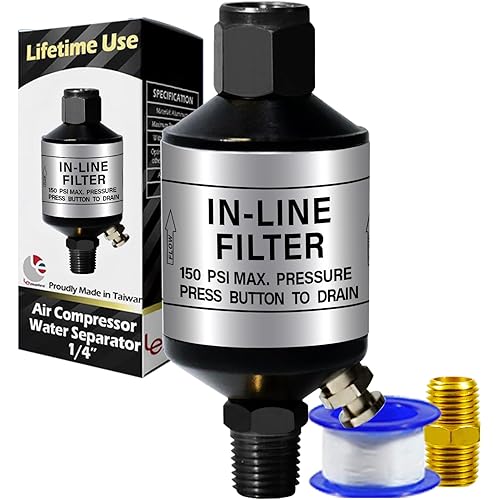LE LEMATEC Air Compressor Water Separator, Compressed Air Dryer with Drain Valve, Inline Moisture Filter for HVLP Spray Paint Gun, Sand Blaster, Plasma Cutter & Other Air Tools (AI303-C1)