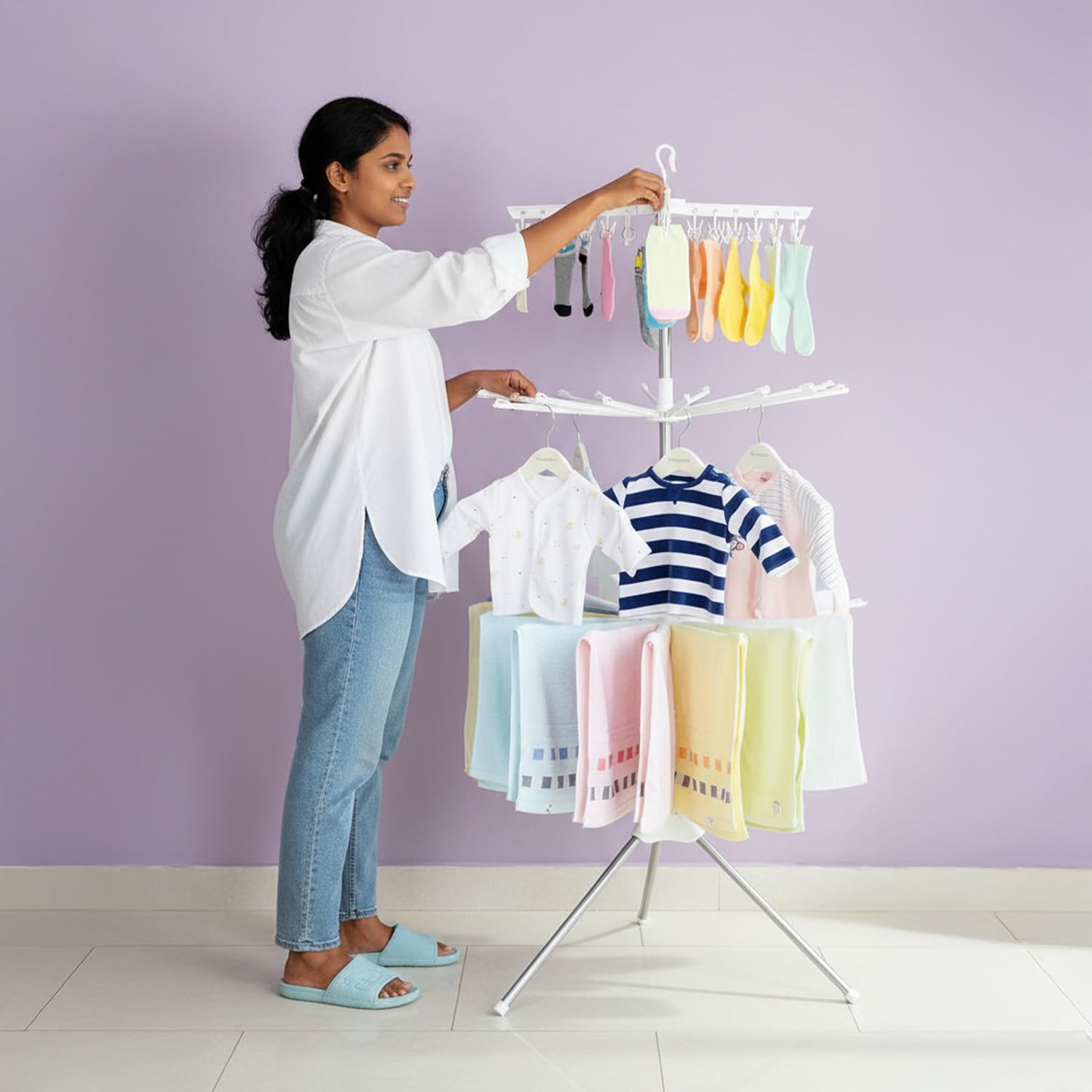 PrettyKrafts Tripod Clothing Stand/Foldable Cloth Dryer Stand with 24 Clips & 32 Towels Bars for Drying Clothes/Octopus Cloth Drying Rack/Compact & Portable for Indoor & Balcony (66" Height)-image-31
