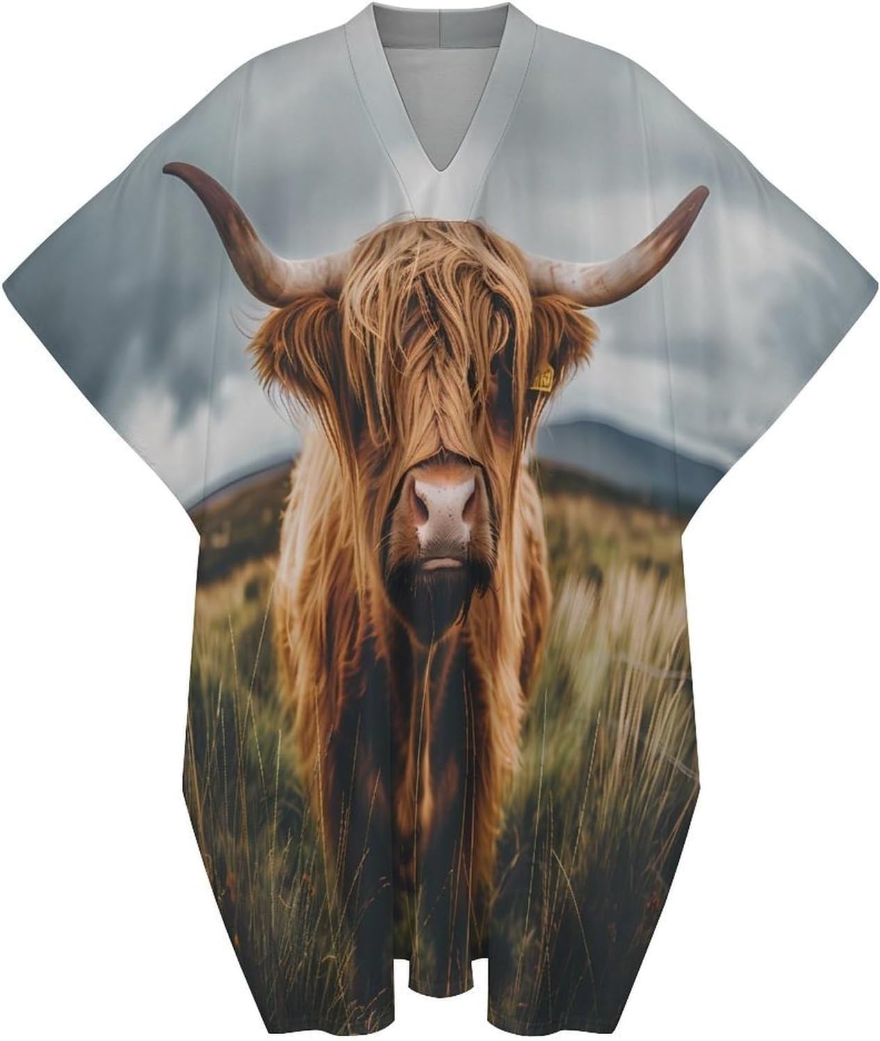 Scottish Highland Cow Animal Men's Kaftan Thobe V-Neck Long Gown Loose Robe