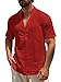 Men's Casual Band Collar Henley Shirts Beach Button Up Short Sleeve Linen Shirt Basic Fashion Vacation T-Shirts (Red,Medium)