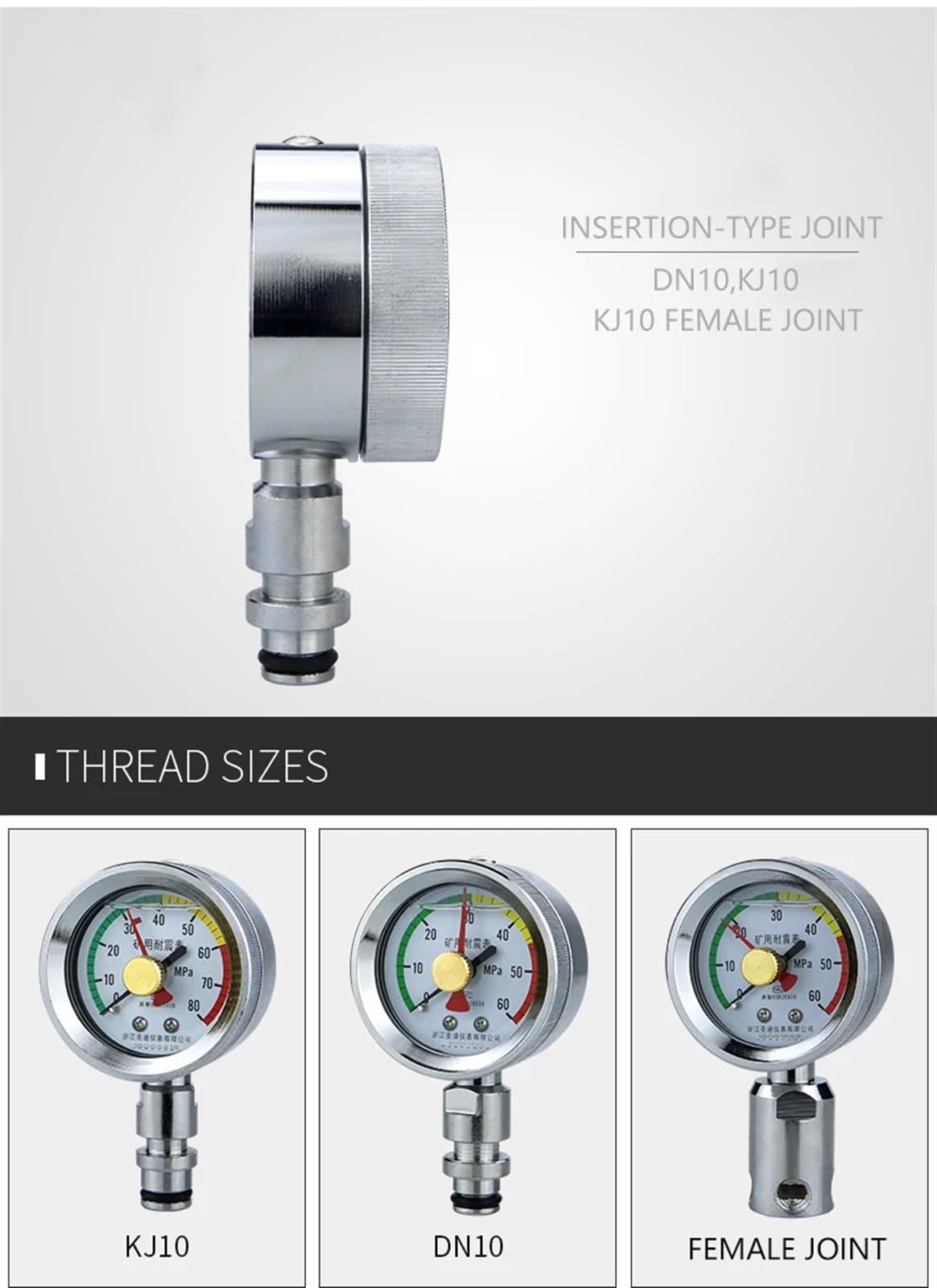 Manometer für Luftdruckmesser Minendruckmessgerät 60 MPa 80 MPa DN10 oder KJ10 Schnellstecker-Ölfüllschnittstellen-Manometer (Color : DN10Female thread, Size : 0 60Mpa)
