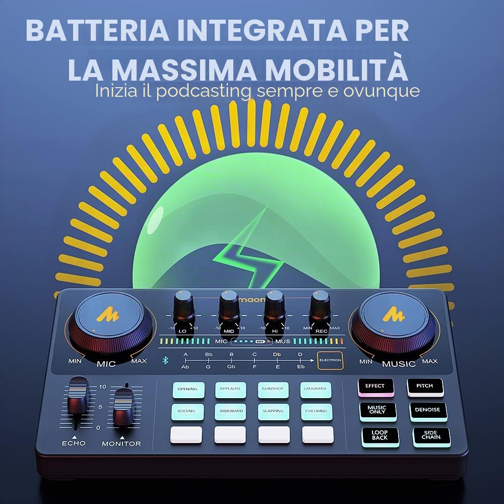 Pacchetto per podcast, MAONO Interfaccia audio all-in-one Studio di produzione di podcast con microfono a diaframma largo da 25 mm per streaming live, registrazione, PC, smartphone (AU-AM200-S6)