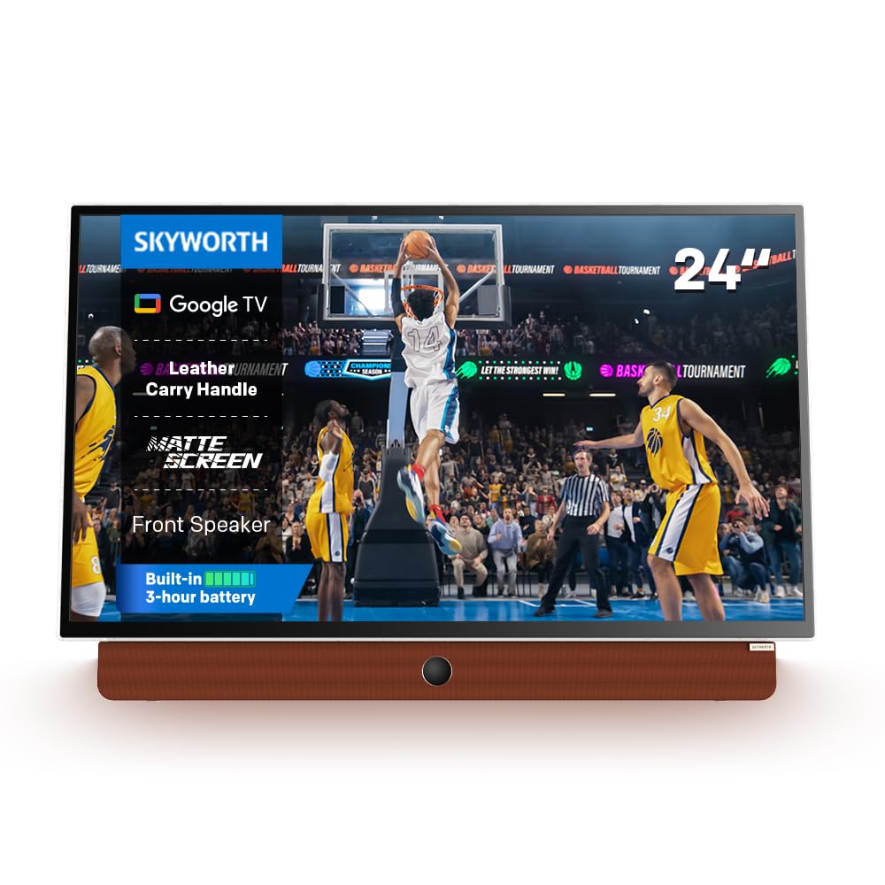 Skyworth 24-Inch Portable Smart Screen with 3-Hour Battery Life, 1080P FHD, HDR10, Dolby Audio, LED, Bluetooth, Chromecast and Google Assistant