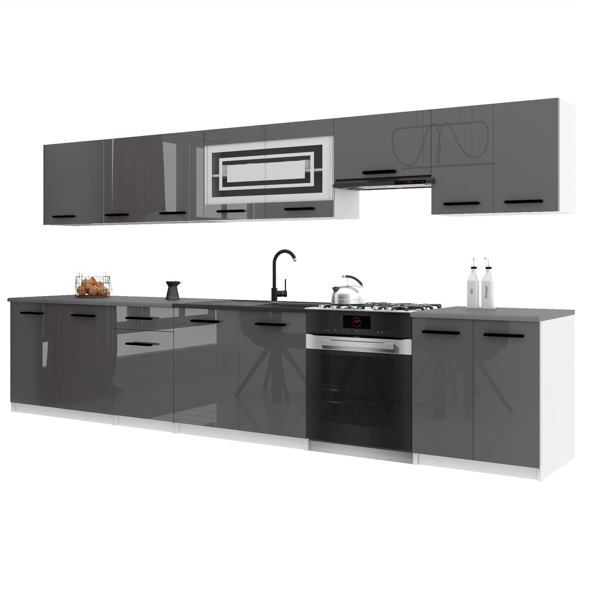 Belini Italia 3 Liniowa szafka kuchenna 320 cm Szary Gloss | ECONATURA DECOR Liniowa szafka kuchenna, szafka, bez sprzętu AGD, z blatem roboczym