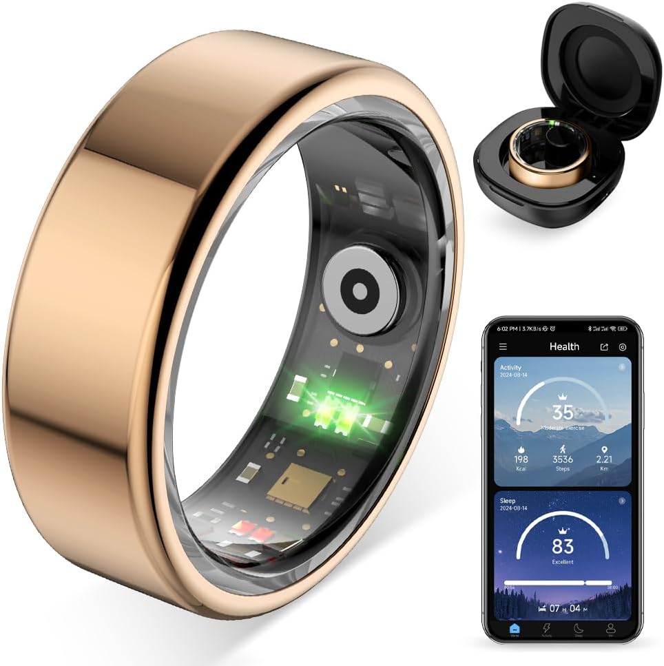 R02 smart Ring, a smart Ring for Women and Men, with a Charging case, Supports Heart Rate, Blood Oxygen, Sleep Health Monitoring, and Sports Tracking Ring, No Subscription Fee. (Rose Gold, 7#)