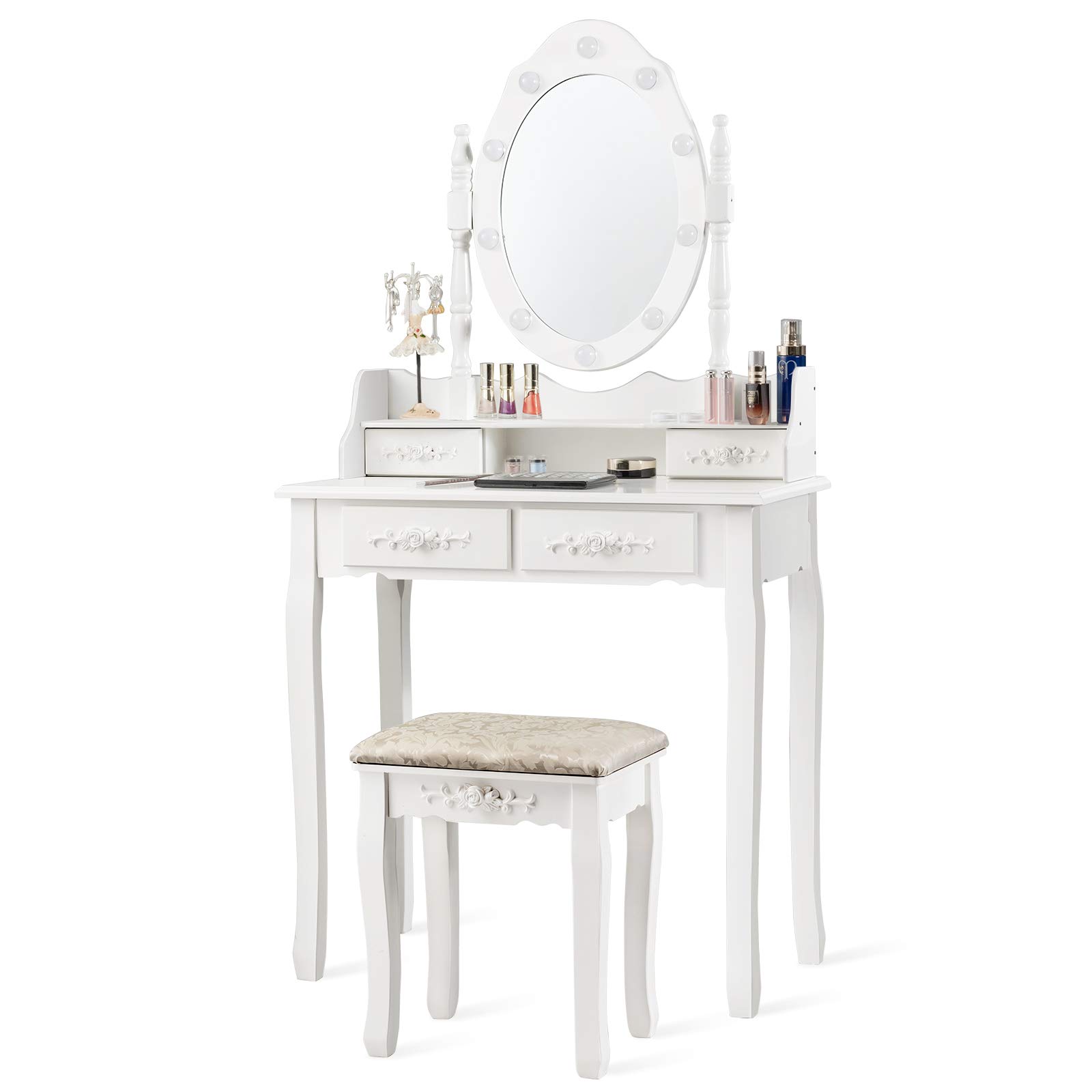 DORTALA Vanity Table Set w/ 10 LED Dimming Bulbs, Classic Makeup Dressing Table Set w/ 2 Large Drawers & 2 Tabletop Boxes, Stable Beauty Station, White
