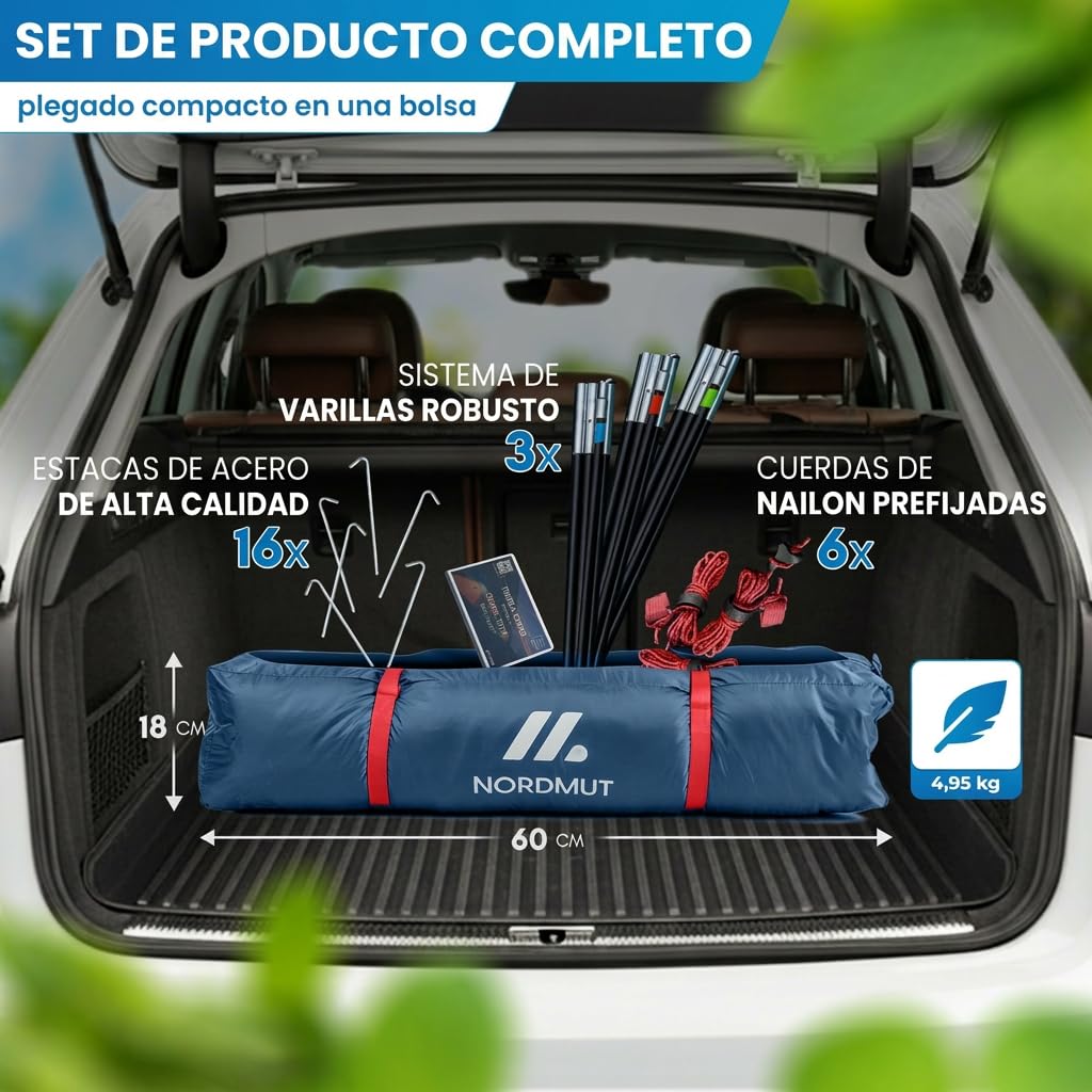 NORDMUT® Tienda de Camping 4 Personas Impermeable & Ligera – Tienda Cúpula con Vestíbulo Cerrable – Tienda 2-4 Personas con Excelente Circulación de Aire & Tamaño Compacto
